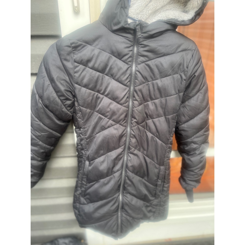 Lands End Girls Black Puffer Jacket Faux Fur Hooded Winter Coat Size M 10-12